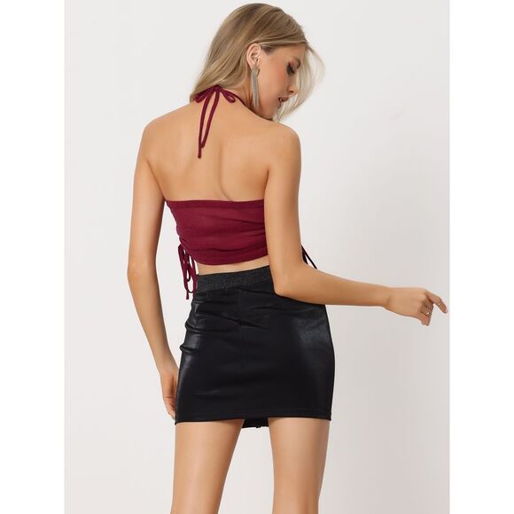 Glitter Crop Top Tie Neck Sleeveless Sheer Club Party Tops Red - Picture 3 of 6